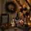 Maison hantée lumineuse en carton, à poser sur une table, fonctionnant à piles, fini noir et beige, idéale pour Halloween.