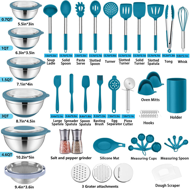 Ensemble d'ustensiles de cuisine 32 pièces en acier inoxydable avec bol à mélanger 5 pièces avec couvercles 32 pièces, Bleu