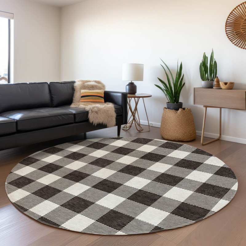 Premium Machine Washable Prisco Black Rug, Round 8'