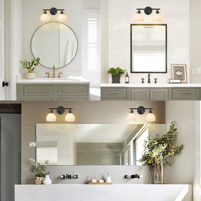 Luminaire de salle de bain à intensité variable avec abat-jour en verre blanc, Noir mat, H 9,17 po x l 14,9 po x P 6,8 po