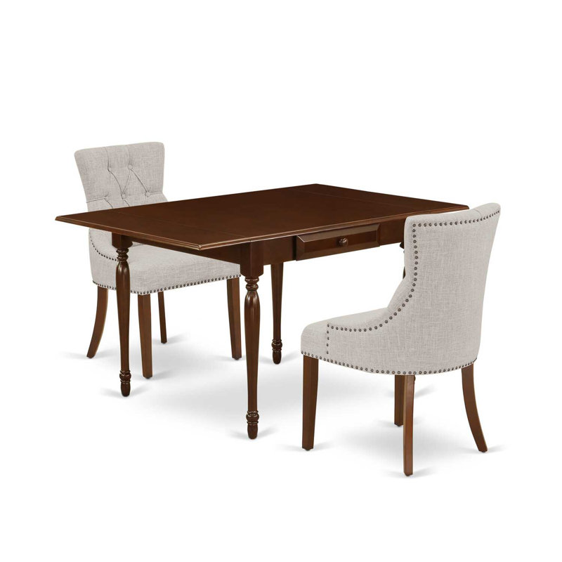 L'ensemble 3 pièces de table et chaises de cuisine contient une table de salle à manger rectangulaire avec Dropleaf et 2 chaises Parson en tissu de lin, acajou