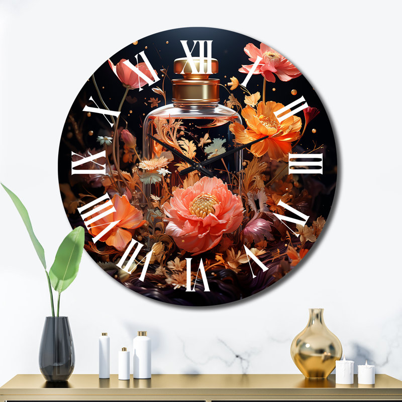 Horloge murale en forme de bouteille de parfum avec fleurs roses III, Très grand
