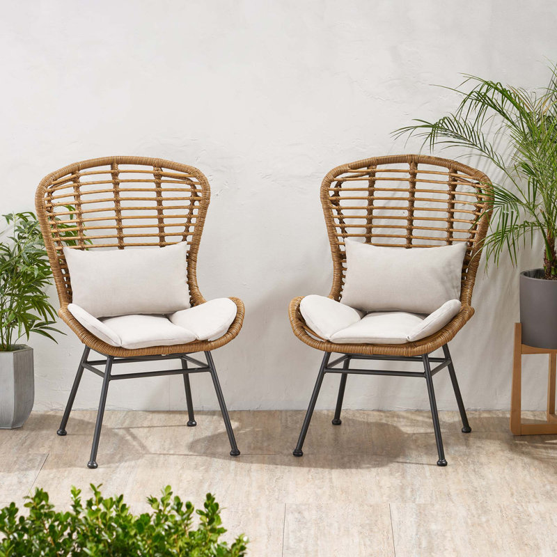 Light Brown Faux Rattan Armless Patio Chairs with Beige Cushions