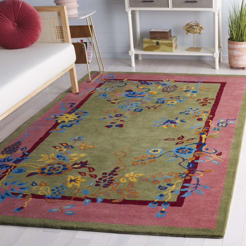 Tapis vert / rose en laine / coton touffeté à la main Anticur, Rectangle 5 po x 8 po