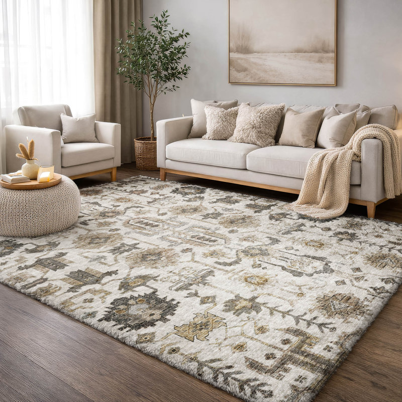 Tapis oriental à poil long de qualité supérieure lavable à la machine ADS697, Ivoire ivoire, 3 pi x 5 pi