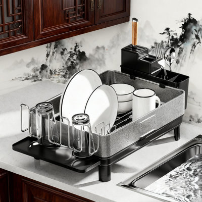 Stainless Steel Dish Drying Rack With Automatic Drainage, Utensil And Cup Holder, Space Saving Countertop Organizer For Kitchen Sink