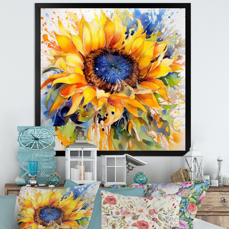 Jaune, bleu, doré, tournesols joyeux - art mural floral, H 16 po x l 16 po, Cadre photo unique, Noir