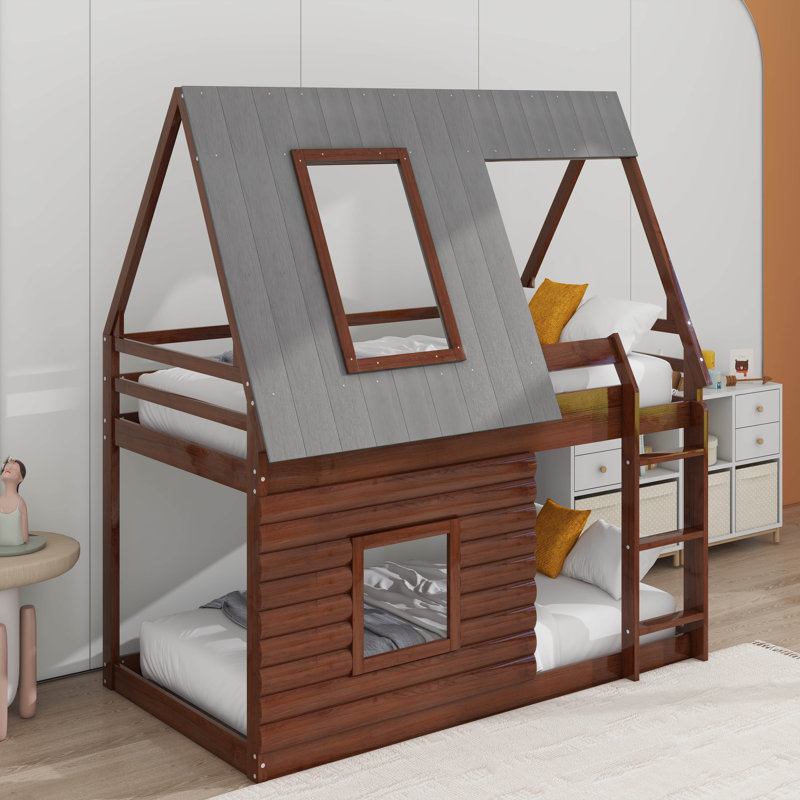 Lit superposé simple en bois avec toit, échelle et fenêtres