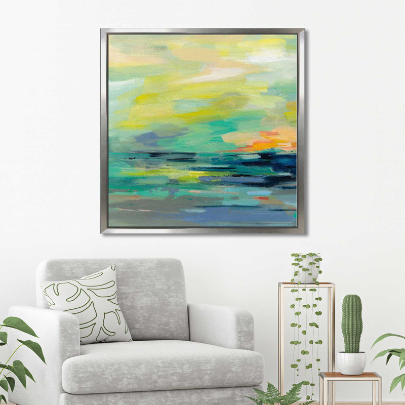 Pacific Beach I - peinture, Cadre flottant argent, H 27,5 po x l 27,5 po x P 2 po