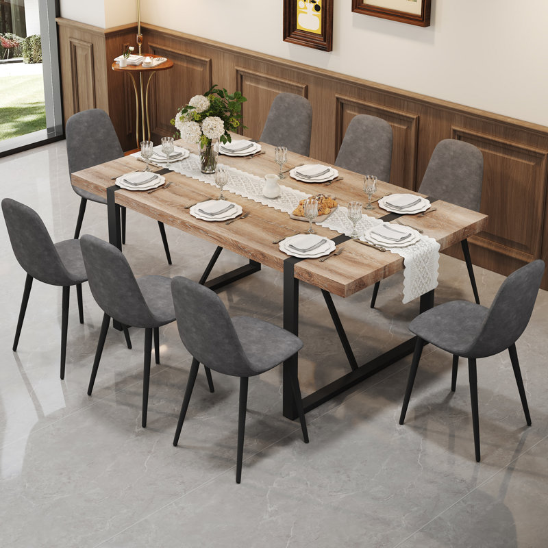 9-Piece Modern Industrial Rectangular Wood Dining Set with Metal Base and Upholstered Chairs, 9 Piece Dining Set, Gray Chairs