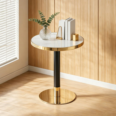 23.6" Faux Marble Small Dining Table with Pedestal Base & Stainless Steel Edge Banding, High-Gloss UV Top Accent Table for 2, Kitchen Living Room Cafe.