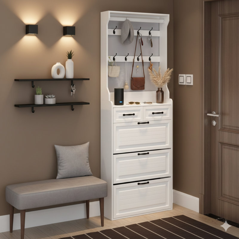NEW White Finish Shoe Storage Cabinet With Three Doors And Two Drawers, Includes Hanger And Offers Ample Storage Capacity