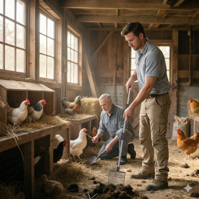 3-en-1 poule de merde Scooper, longue poignée réglable avec pelle profonde, outil de nettoyage de poulailler multifonctionnel robuste et amovible (20 à 40 po)