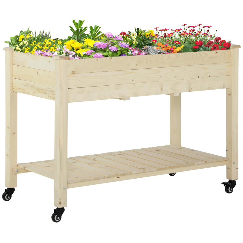 Raised wooden planter with lockable wheels and storage shelf, Natural