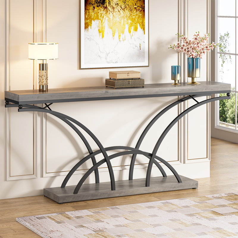 Mona 70.86'' Extra Long Console Accent Table for Entryway with Half-Moon Metal Frame, Gray/Black