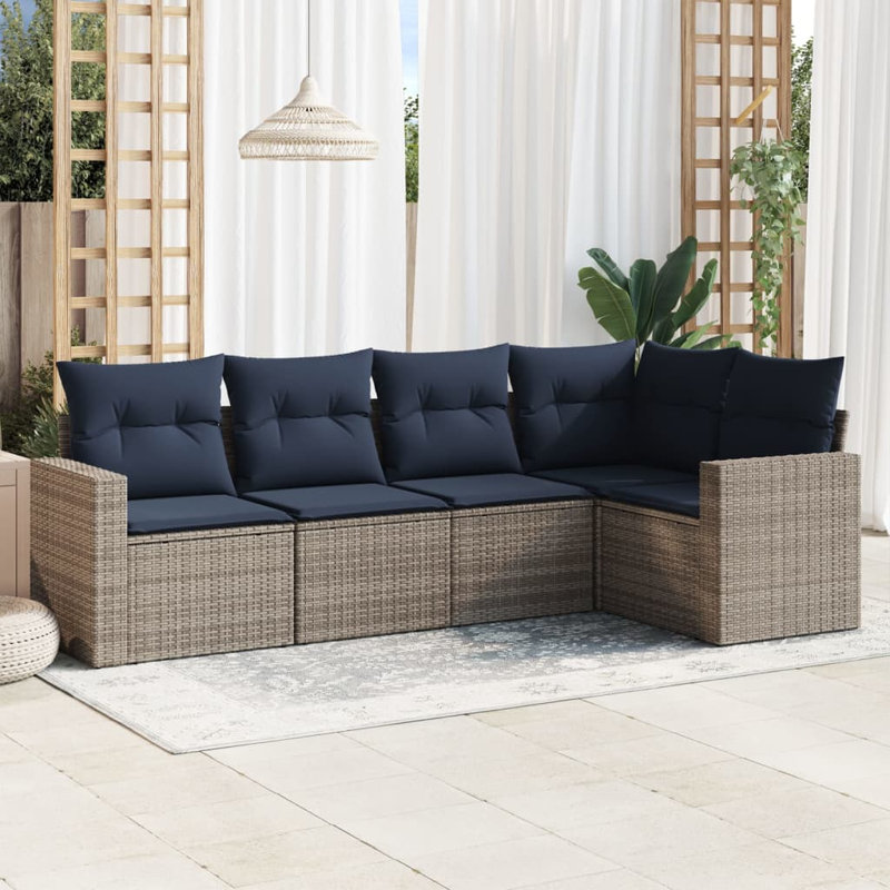 Ensemble de canapé de patio 5 pièces avec coussins pour l'extérieur, Marine, Gris