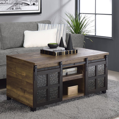 Table basse rustique en chêne et noir avec portes coulissantes, pièce de décoration moderne