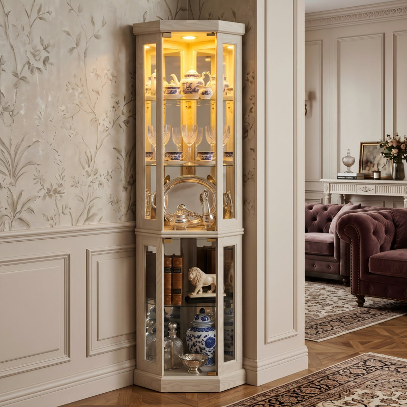 Vitrine d'angle éclairée en chêne blanc, Blanc