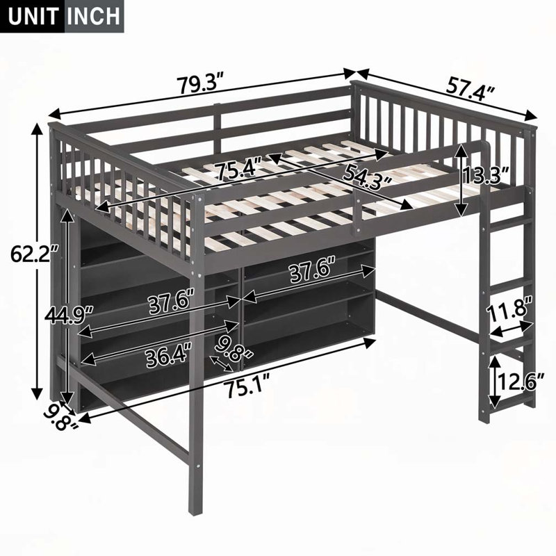 Lit avec 8 tablettes de rangement ouvertes, Gris
