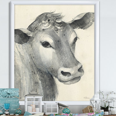 «Cow Farmhouse Animal in Black and White», reproduction sur toile encadrée