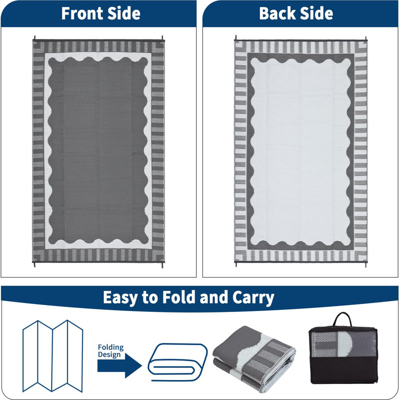 9x12ft Reversible Outdoor Rug - Waterproof Scalloped Border Plastic Straw Mat with Bag & Stakes for Patio, RV and Picnic
