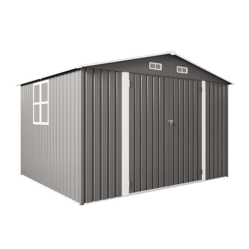 Outdoor Storage Shed 8 Ft In Gray, Made Of Metal With Lockable Double - Doors, Vent Windows, Ideal For Storing Generators, Bicycles, And Proof Gray Garden Tool Ft, Latch On Grills,
