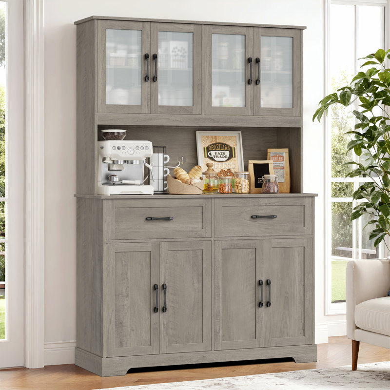 Garde-manger autoportant de 70,9 po avec tablette à micro-ondes et tiroirs Kyale H, armoire de rangement en bois avec tablettes réglables, gris délavé