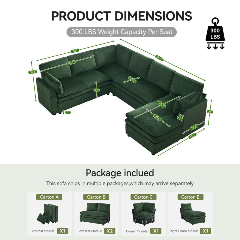  Modular Sectional Sofa with Chaise Lounge, Comfy Deep Dual-Layer Cushion Couch, Green, 7 Seater Right Chaise Couch