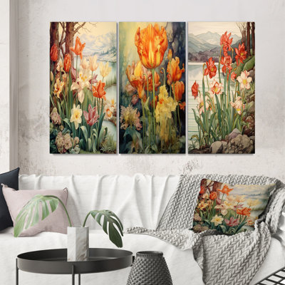 «Red Tulips Blooming Retro Illustration I», 3 pièces sur toile