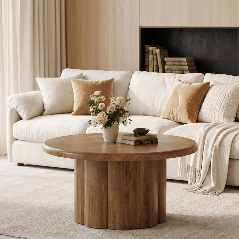 Round Elegant Coffee Table for Living Room, 31.5" Circle Center Table with Fluted Drum Base