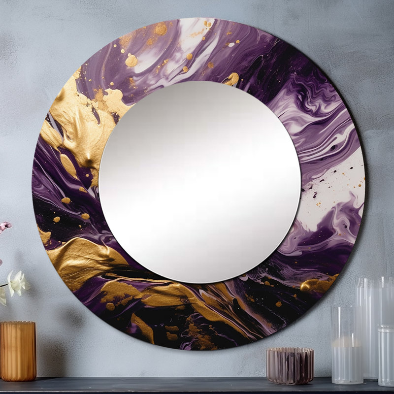 Mauve et or liquide Magic I - miroir mural abstrait unique, miroir rond mauve, impression sur métal, 29 po x 29 po