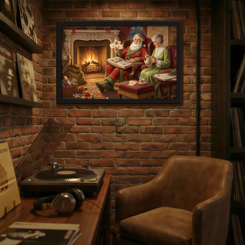 Noël père Noël et madame près du foyer, H 12 po x l 18 po