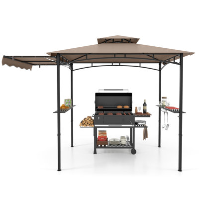 11 x 5 FT Grill BBQ Gazebo w/ Side Awning Double-Tiered Top 2 Side Shelves Brown
