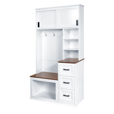 40.2"W Modern Hall Tree with Storage Bench, Coat Rack, 3 Hooks, Shelves & Drawers for Entryway, Living Room