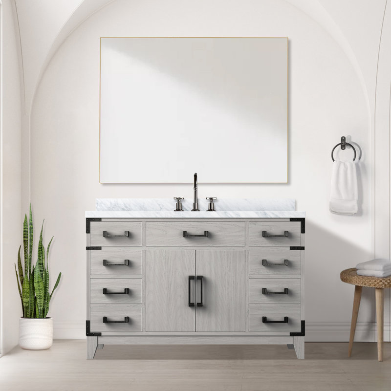 Meuble-lavabo simple en chêne blanc 48 po X P 22 po D, comptoir en marbre de Carrare, ensemble de robinet et Miroir