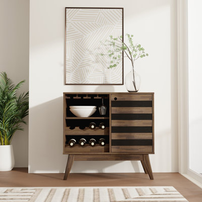 Clarkson 39"W Solid Acacia Mid-Century Tall Wine Rack Cabinet with Stemware Rack and 12-Bottle Storage