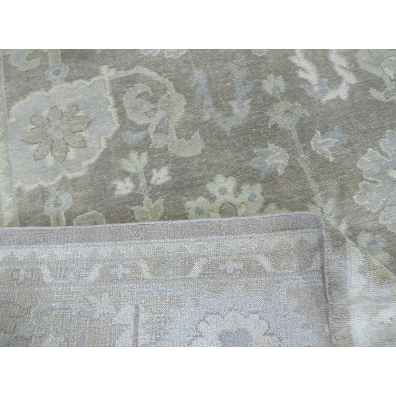 Tapis oriental fin noué à la main en oushak turc bleu clair / or / beige / brun, Rectangle 10 pi 3 po x 14 pi 3 po