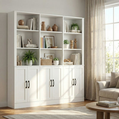 Classeur 70 po H 70,1 po x l 63 po à 5 niveaux avec tablettes ouvertes à 3 niveaux et 3 armoires à deux portes | Grande armoire de rangement blanche / noire pour l'organisation de la maison et du bureau