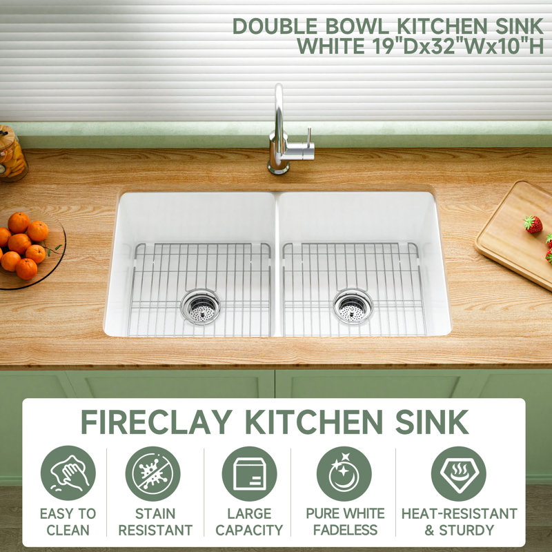 32" L x 19" W Fireclay Undermount Kitchen Sink Double Bowl, White Drop in Kitchen Sink Dual Mount, Included 4 Custom Accessories