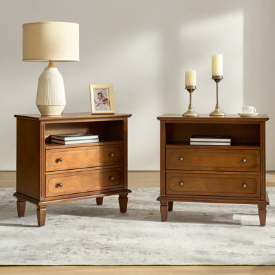 Amberlyn 27.2'' H Traditional  2-Drawer Nightstand with Built-In Outlets and Solid Wood Legs and Open Shelve (Set of 2)