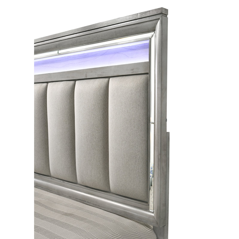 1pc grand lit à panneau avec éclairage à DEL intégré tête de lit capitonnée grain de bois gris doux mobilier en bois massif
