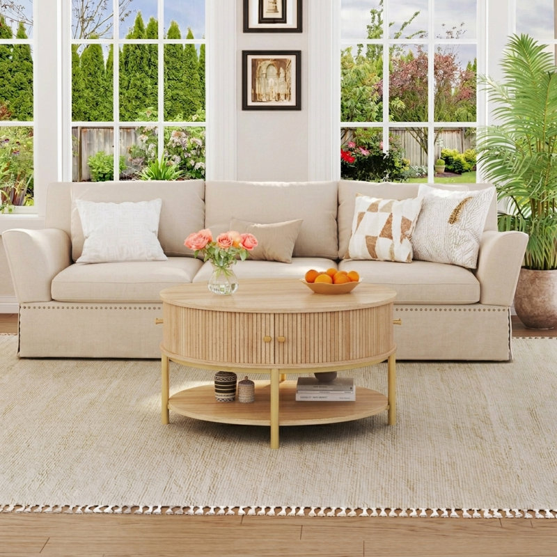 23.6" Round Coffee Table With Storage Shelves & Cabinet