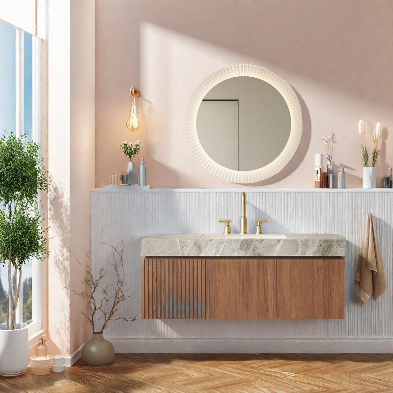 Meuble-lavabo moderne avec lavabo, rangement en chêne brun et design gris clair