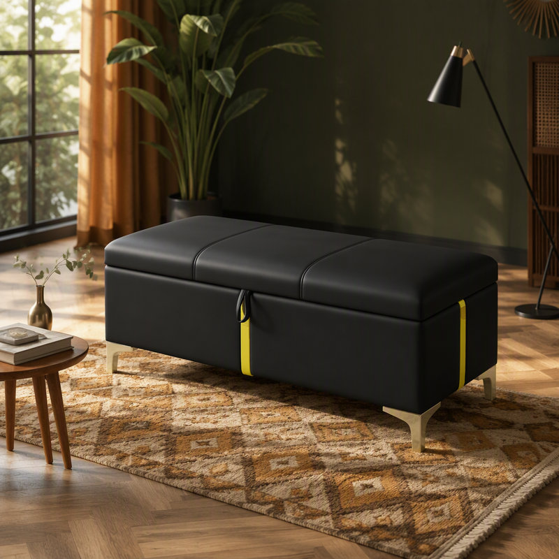 Elegant Upholstered Storage Ottoman,Storage Bench with Metal Legs for Bedroom,Living Room,Fully Assembled Except Legs,Black