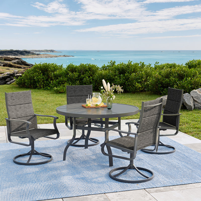 Ensemble de salle à manger 5 pièces imperméable pour terrasse - table ronde d'extérieur et 4 chaises pivotantes rembourrées