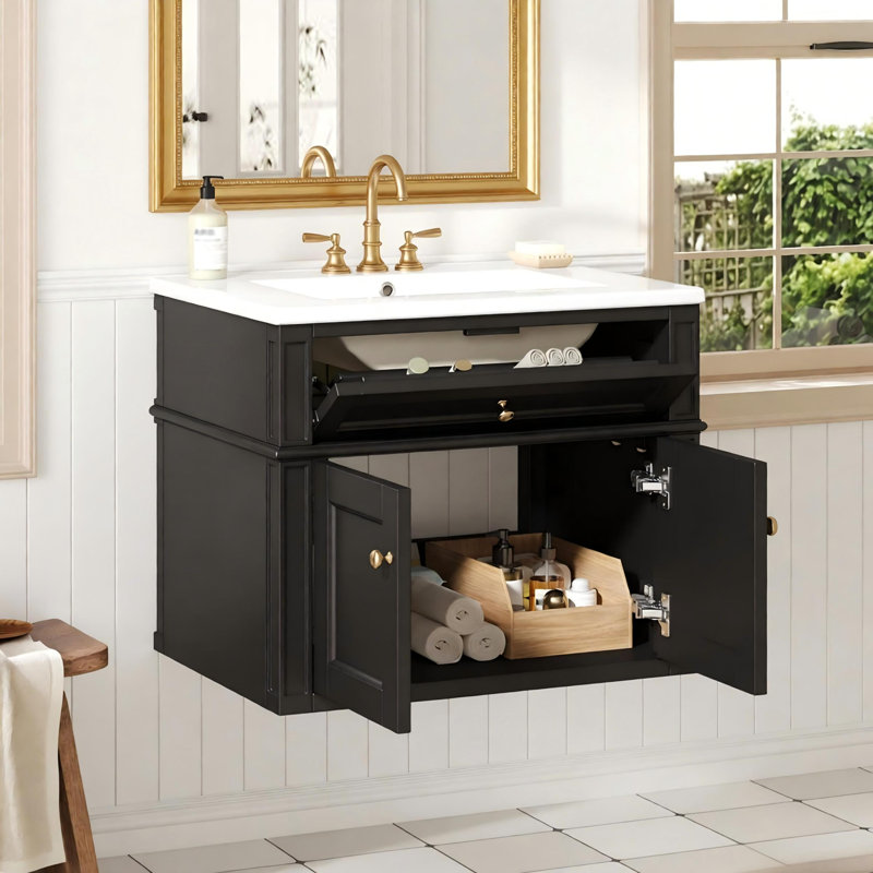 Meuble-lavabo mural 24 po avec tiroir basculant et charnières à fermeture en douceur, armoire de salle de bain avec structure ouverte à l'arrière, 2 portes, meuble-lavabo avec lavabo simple en céramique