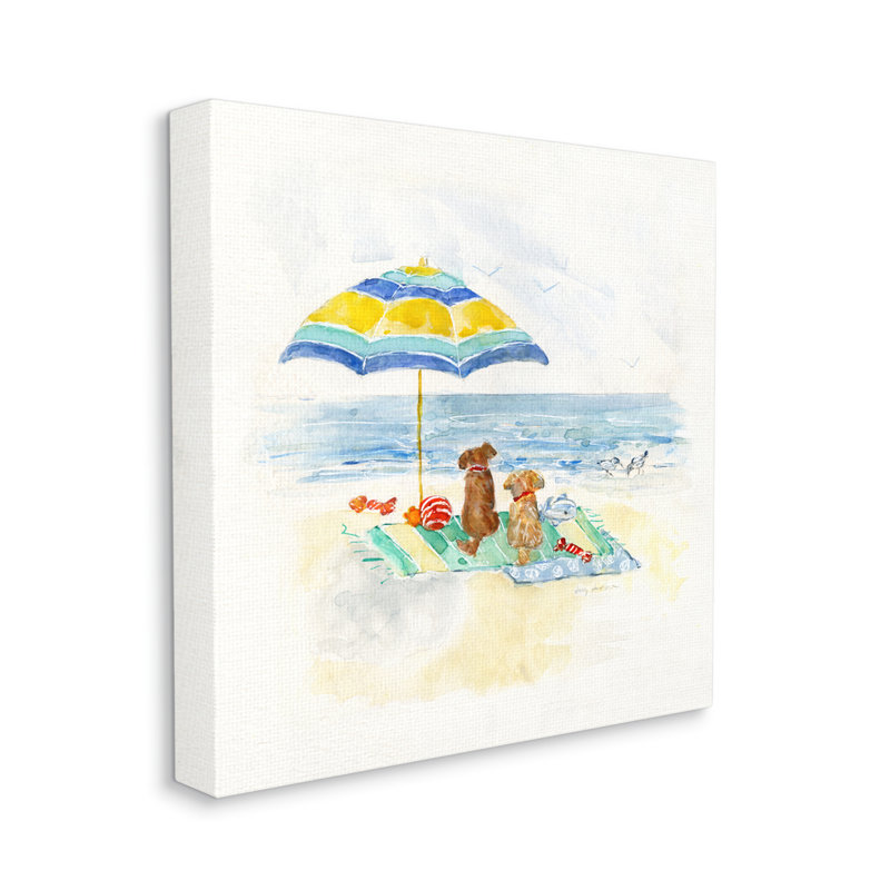 " Cute Playful Dogs Relaxing Beach Umbrella Shoreline Painting " by Sally Swatland, Wrapped Canvas, 17" W x 17" H