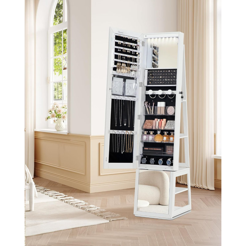 Mirror Jewellery Cabinet, Standing Jewellery Organiser with 360° Rotating Base, Full Length Lockable Mirror, Large 4-Tier Storage Compartments, 4-in-1 Multifunctional, White 