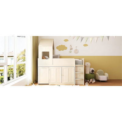 Lit mezzanine simple beige avec détails de fenêtre, bureau roulant et unités de rangement avec escalier, lit en bois, finition, conception ludique