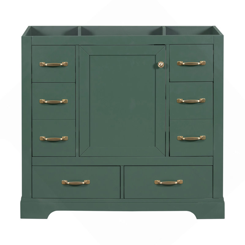 36" Bathroom Vanity Without Sink, Cabinet Base Only, Six Drawers, Multi-Functional Drawer Divider, Green, Gold